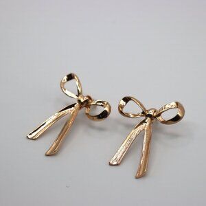Gold Tone Ribbon Bow Tassel Earrings Pierced Feminine Style